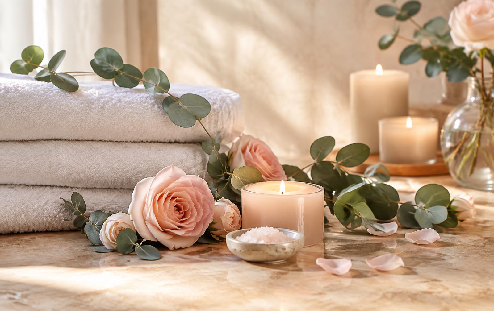 Ambiance spa : serviettes, bougies et roses